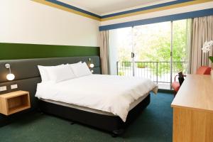 堪培拉政治家酒店 的一间卧室设有一张床和一个大窗户