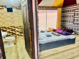 瓦迪拉姆Wadi Rum Cave Camp &Jeep Tour的小房间设有床和卫生间