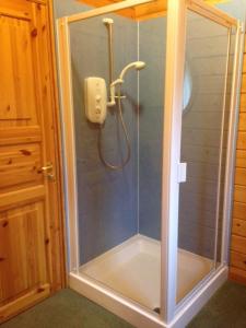 德里门Stable Lodge的浴室里设有玻璃门淋浴