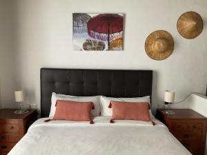桑卢卡尔-德巴拉梅达Casa de las Especias Hotel Boutique的一间卧室配有一张大床和两个枕头