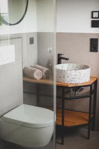 海尔巴德海利根斯塔特Wiesenglück Tiny House Hotel的浴室配有白色卫生间和盥洗盆。