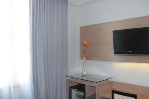 里约热内卢Hotel Atlântico Tower的一间配有电视的房间和一个带花卉的花瓶