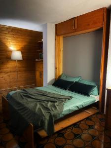 皮拉Emma’s Tiny House的一间卧室配有一张木墙床