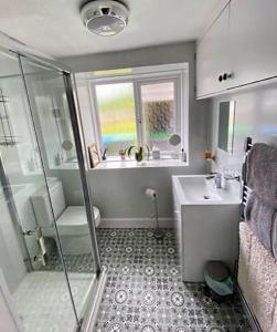 DalrySt John's Flat Spacious Accomodation的带淋浴和盥洗盆的浴室