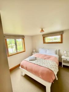 特卡波湖乐思旅舍的一间卧室设有一张床和两个窗户。