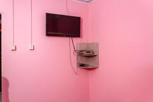 帕尔梅拉斯Pousada Cachoeira da Fumaça的粉红色的墙壁上设有电视