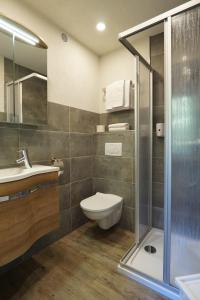 蒂罗尔-泽费尔德蒂罗尔膳食公寓酒店的带淋浴、卫生间和盥洗盆的浴室