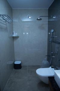 班加罗尔Villa Grand Hotel Near Kempegowda International Airport的带淋浴、卫生间和盥洗盆的浴室
