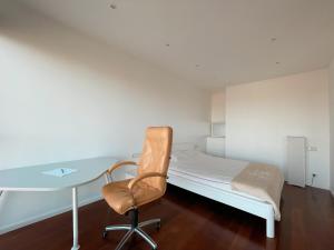 维尔纽斯Panoramic Apartment Vilnius的一间卧室配有一张床、一张桌子和一把椅子