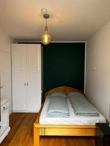塞瓦尔兴Appartement Seenähe mit gratis Tiefgaragenplatz的一间卧室设有一张床和绿色的墙壁