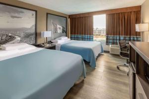 拉雷多Super 8 by Wyndham Laredo的酒店客房设有两张床和窗户。