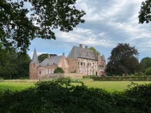 EwijkSupergezellig vakantiehuis met hele grote tuin bij Nijmegen的一座古老的城堡,前面有一个绿地