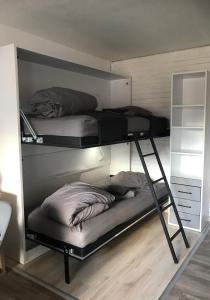 雷加霍斯达哈施Appart Les Carroz的客房内的2张双层床和枕头