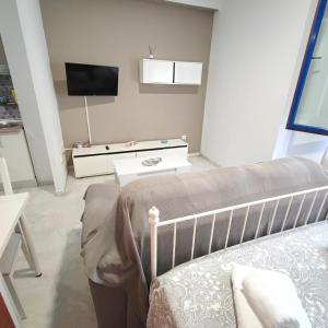 塞维利亚Apartamento FIBES edificio LUX SEVILLA的一间卧室配有一张床,并在一间客房内配有电视。