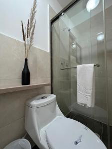 比列塔维列塔度假酒店的一间带卫生间和玻璃淋浴间的浴室