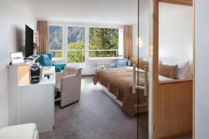 英格堡Hotel Waldegg - Adults only的配有一张床、一张书桌和一扇窗户的酒店客房