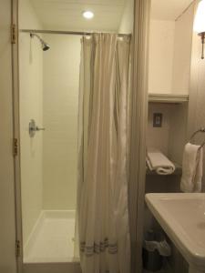 奥尔巴尼Washington Park Inn的带淋浴和盥洗盆的浴室