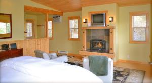 温索普Chewuch Inn & Cabins的一间卧室配有一张床、一个壁炉和一台电视。