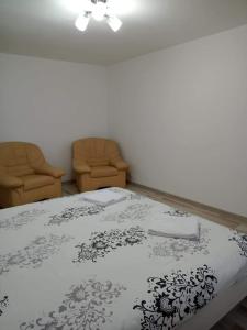 苏恰瓦Criss Apartament的一间卧室配有一张床和两把椅子