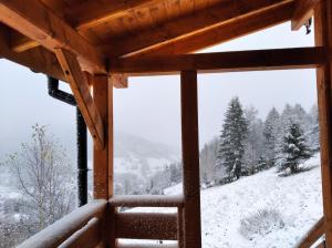 索克莱克Sowi Stok的享有白雪山景的小屋窗户
