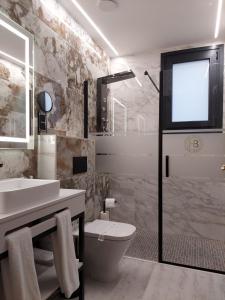 托梅略索HOTEL BOUTIQUE DOÑA MANUELA的浴室配有卫生间、盥洗盆和淋浴。