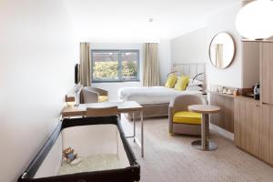 里昂Crowne Plaza Lyon - Cité Internationale的酒店客房设有一间带一张床和镜子的卧室