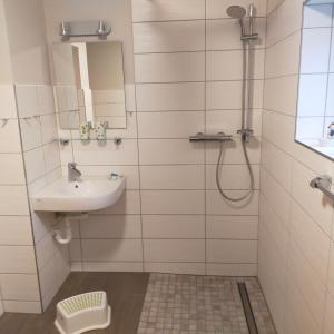 Ferienwohnung H2 am Hainich的浴室配有盥洗盆和带镜子的淋浴