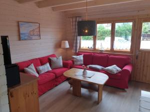 博恩Blockhaus - de lüt holt hus的客厅配有红色的沙发和桌子
