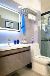 内罗毕Elite Luxury Apartments Kilimani - An Oasis of Serenity and Tranquility的一间带卫生间、水槽和镜子的浴室