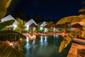 帕杰Heart of Zanzibar Bungalows的夜间带游泳池的度假村
