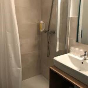 RuaudinAshley Hotel Le Mans Sud的带淋浴、盥洗盆和淋浴的浴室