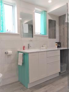 罗金汉姆Palm Beach Guest House的一间带水槽和镜子的浴室