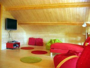 Ban-sur-Meurthe-ClefcyGrand Valtin : chalet écolo 4 étoiles 14 personnes的客厅配有红色沙发和平面电视