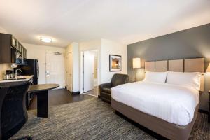 拉斯维加斯Sonesta Simply Suites Las Vegas Convention Center的酒店客房设有一张大床和一张书桌。