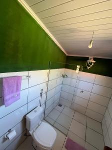 卡瓦坎特Pousada Varanda da Serra的浴室设有卫生间和带紫色毛巾的淋浴。