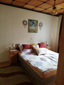 WilkowiceApartament nad szumiącym potokiem的一间卧室配有一张带红色枕头的大床