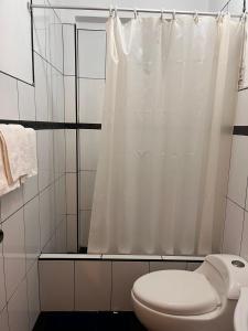 帕拉卡斯Hotel Munay的浴室配有白色的浴帘和卫生间