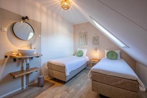 德科赫De Leeuwerik的配有2张床的带水槽和镜子的客房