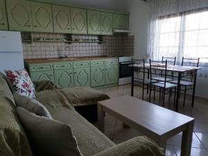 PotamiáIoanna's Apartment的带沙发和桌子的客厅以及厨房。