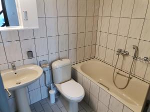 PotamiáIoanna's Apartment的浴室配有卫生间、盥洗盆和浴缸。