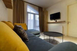 巴库里阿尼Zarku Apartments的客厅配有蓝色的沙发和桌子