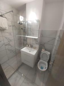 布雷亚扎Breaza Comfort Apartment的一间带卫生间、水槽和镜子的浴室