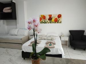 伊瓜苏港Tres Fronteras Apart 1的一间卧室,床上有植物