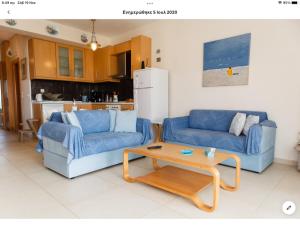 卡桑德里亚Country house with amazing sea view的客厅配有2张蓝色的沙发和1张桌子