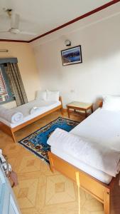 博卡拉Hotel Mountain View - Lakeside Pokhara的一间带两张床的卧室和地毯