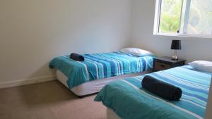 天阁露玛Villa 31 Tangalooma Beach Front的一间卧室设有两张床和窗户。