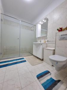 康斯坦察Faleza Nord apartament de lux nou pe malul marii的带淋浴、卫生间和盥洗盆的浴室