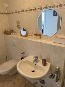 不来梅港Ferienwohnung Weserblick Hundertwasser的一间带水槽、卫生间和镜子的浴室