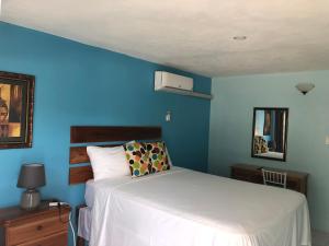 蒙特哥贝Airport Beach Hotel的一间卧室设有一张床和蓝色的墙壁