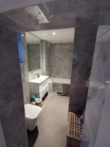 伦敦Entire 1-Bed Apartment in London Haringey的浴室配有盥洗盆、卫生间和浴缸。